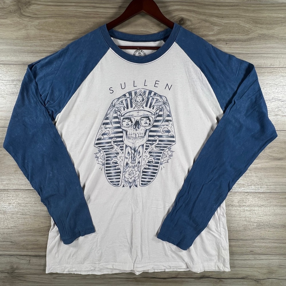 Sullen Art Collective Shady Royalty Skull Pharaoh Raglan Tee Blue White 2XL